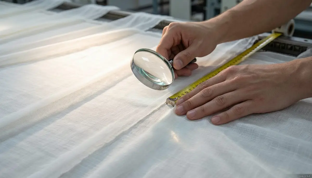 Close-up of fabric inspection during raw material QC stage in garment factory