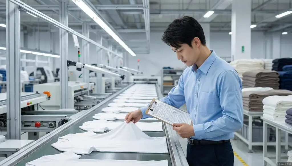 OEM Apparel Quality Control - Factory inspection line with QC inspector examining garments