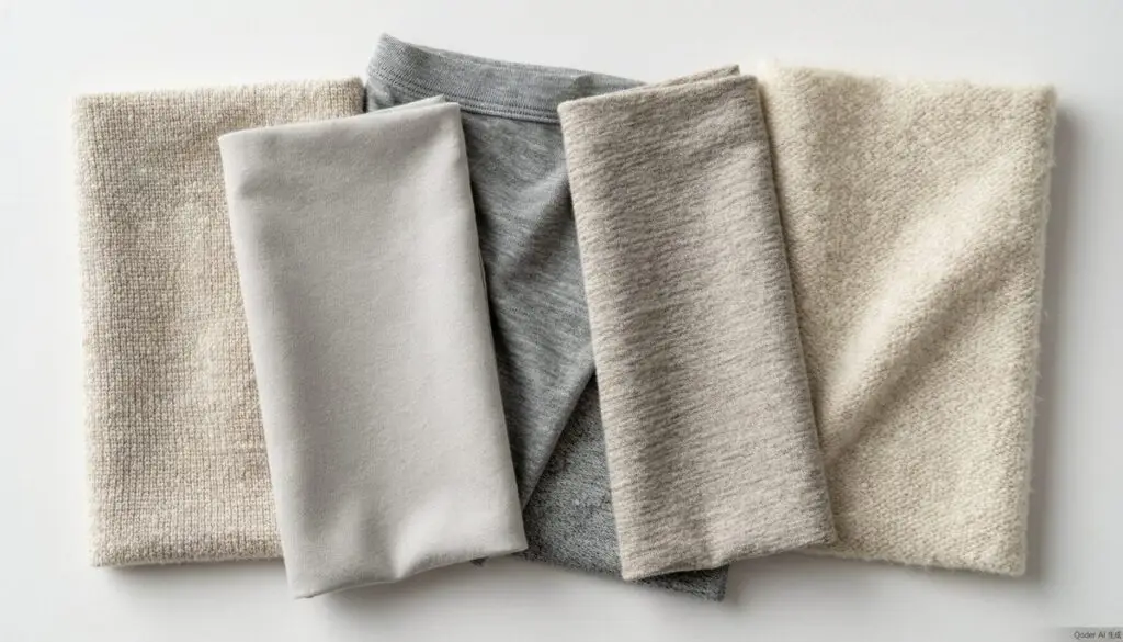 Various t-shirt fabric swatches including cotton, poly-blend, tri-blend and organic cotton