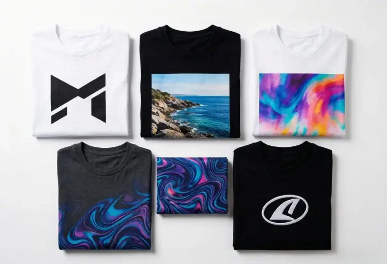 Collection of six custom printed t-shirts showcasing screen printing, DTG, sublimation and embroidery designs from an OEM factory