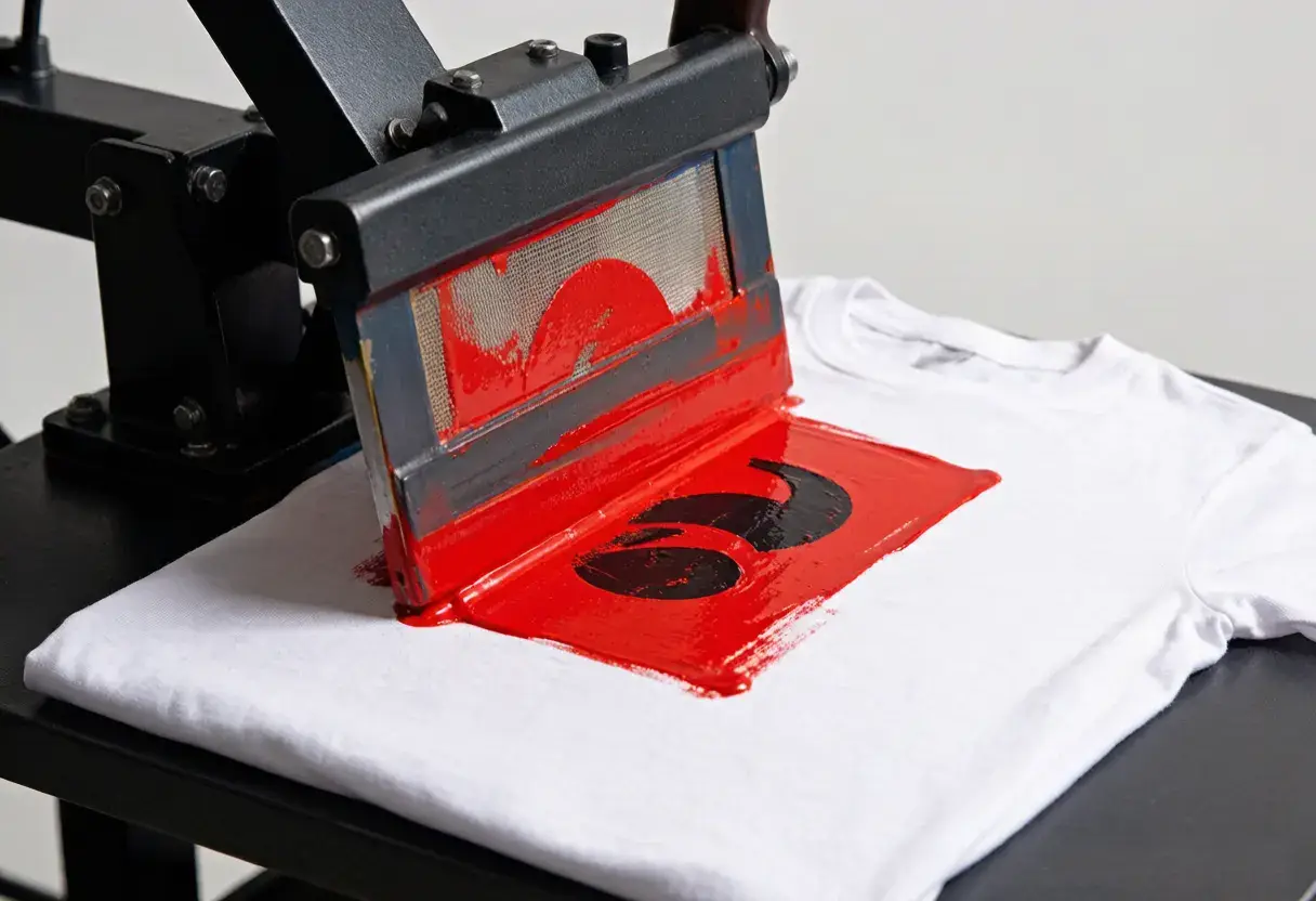 Manual screen printing press applying red ink onto a white custom t-shirt at an OEM factory