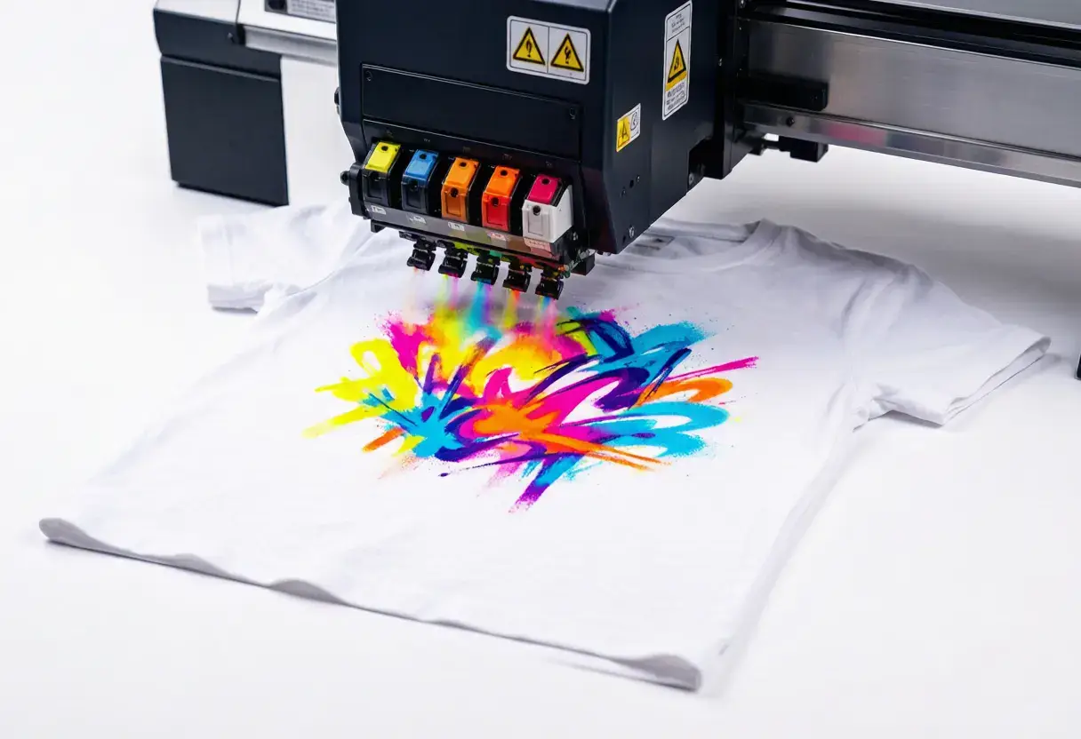 DTG direct-to-garment digital printer applying vibrant multi-color ink onto a white t-shirt