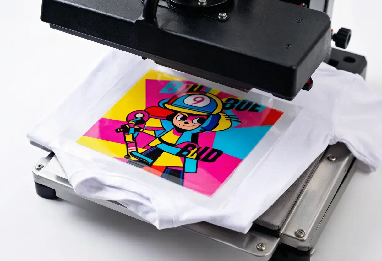 Heat press machine transferring a colorful DTF design onto a white t-shirt