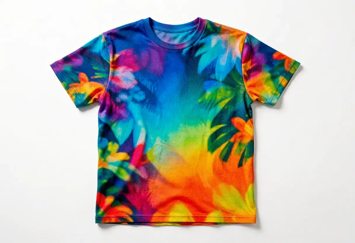 All-over sublimation printed t-shirt with tropical floral pattern and rainbow gradient