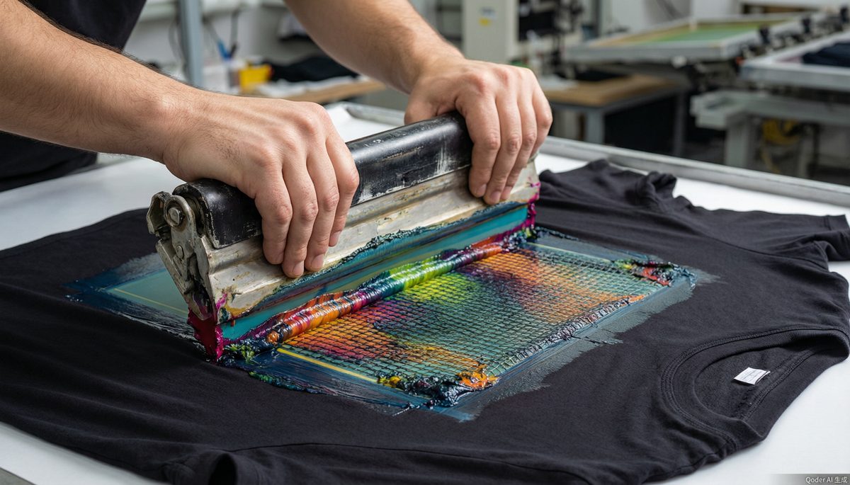 Screen printing process in action - squeegee pushing ink through mesh screen onto t-shirt