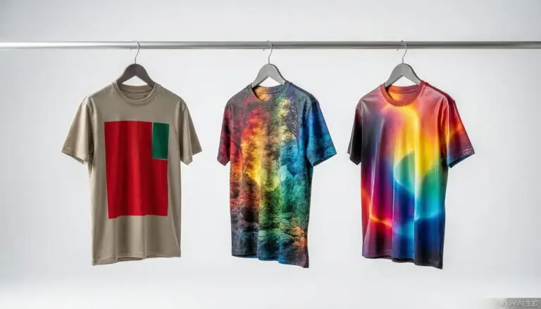 Three custom printed t-shirts showing screen printing DTG and heat transfer methods side by side