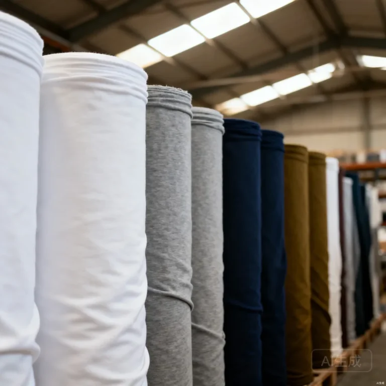 Rolls of premium cotton jersey fabric stacked in a textile warehouse