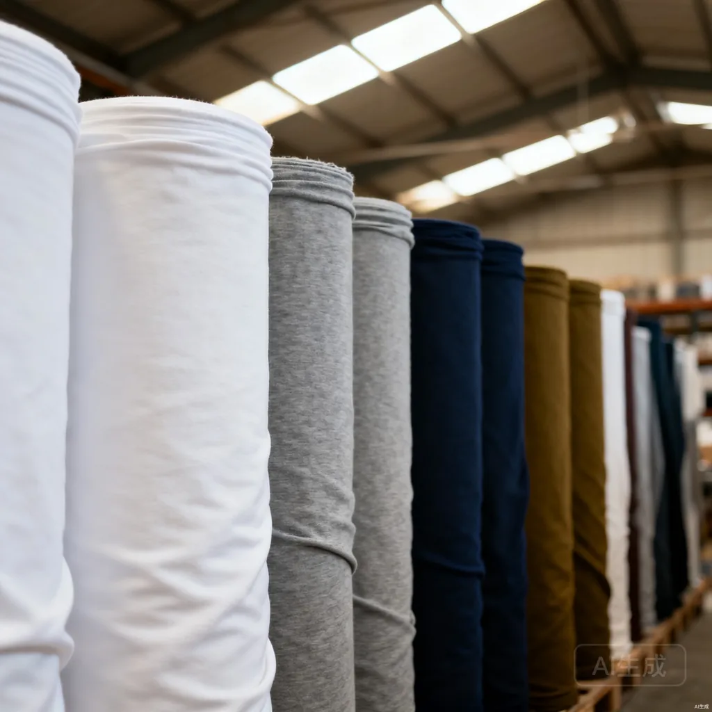 Rolls of premium cotton jersey fabric stacked in a textile warehouse