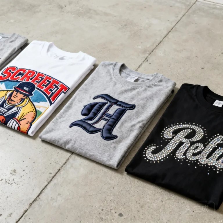 Flat lay of custom t-shirts showing screen print, embroidery, puff print and rhinestone decoration methods
