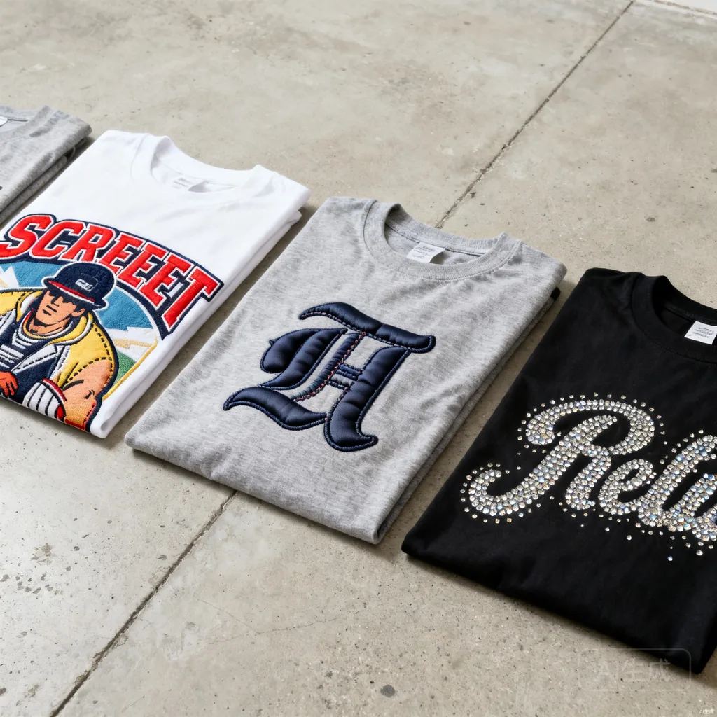 Flat lay of custom t-shirts showing screen print, embroidery, puff print and rhinestone decoration methods