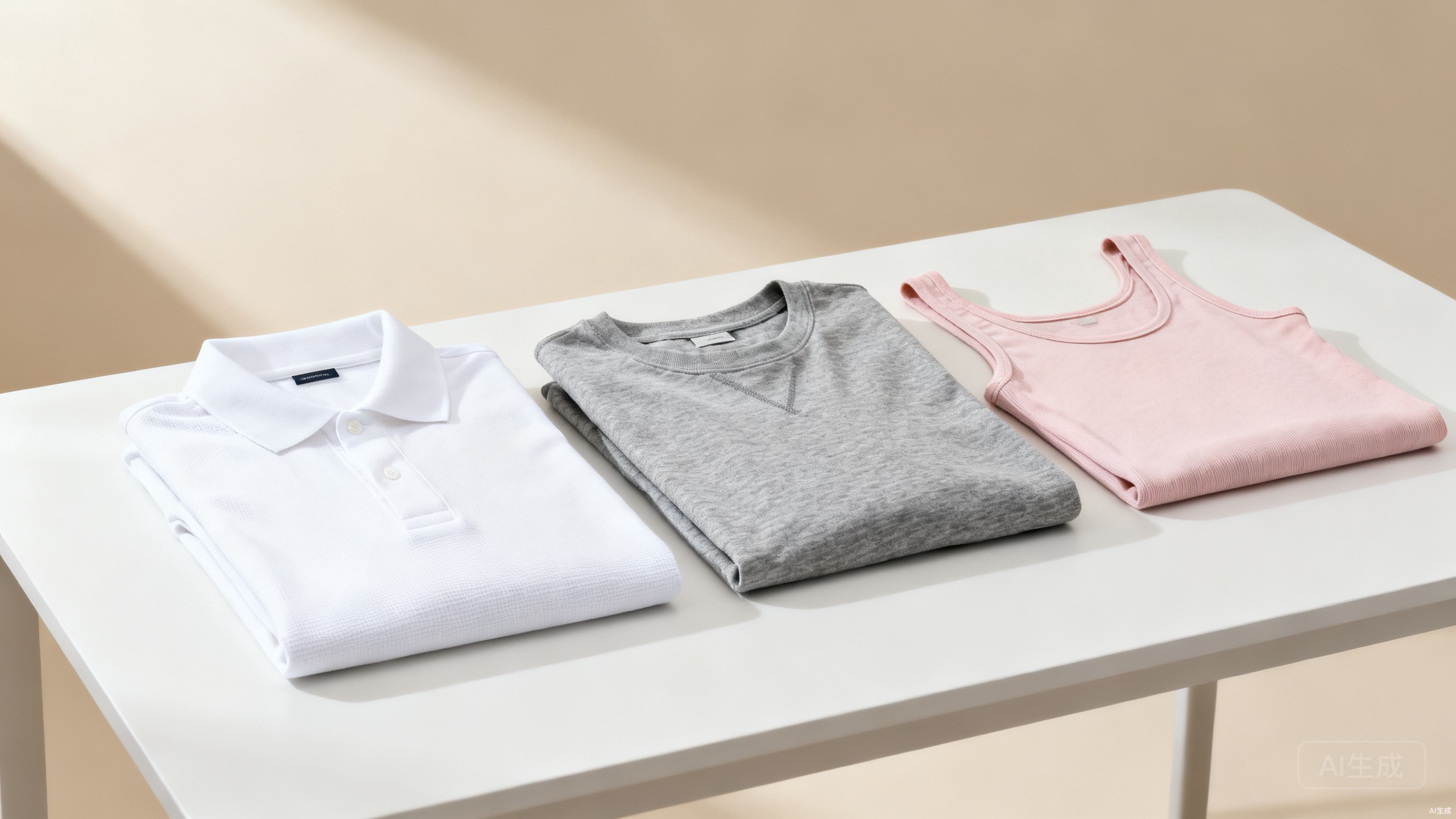 Apparel buyer comparing folded pique polo, single jersey tee and interlock tank top on a tabletop
