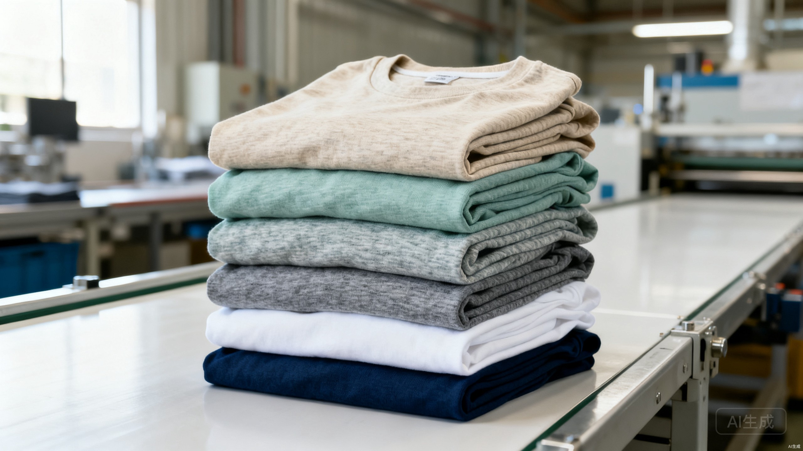 Stack of folded single jersey cotton tees on a factory table