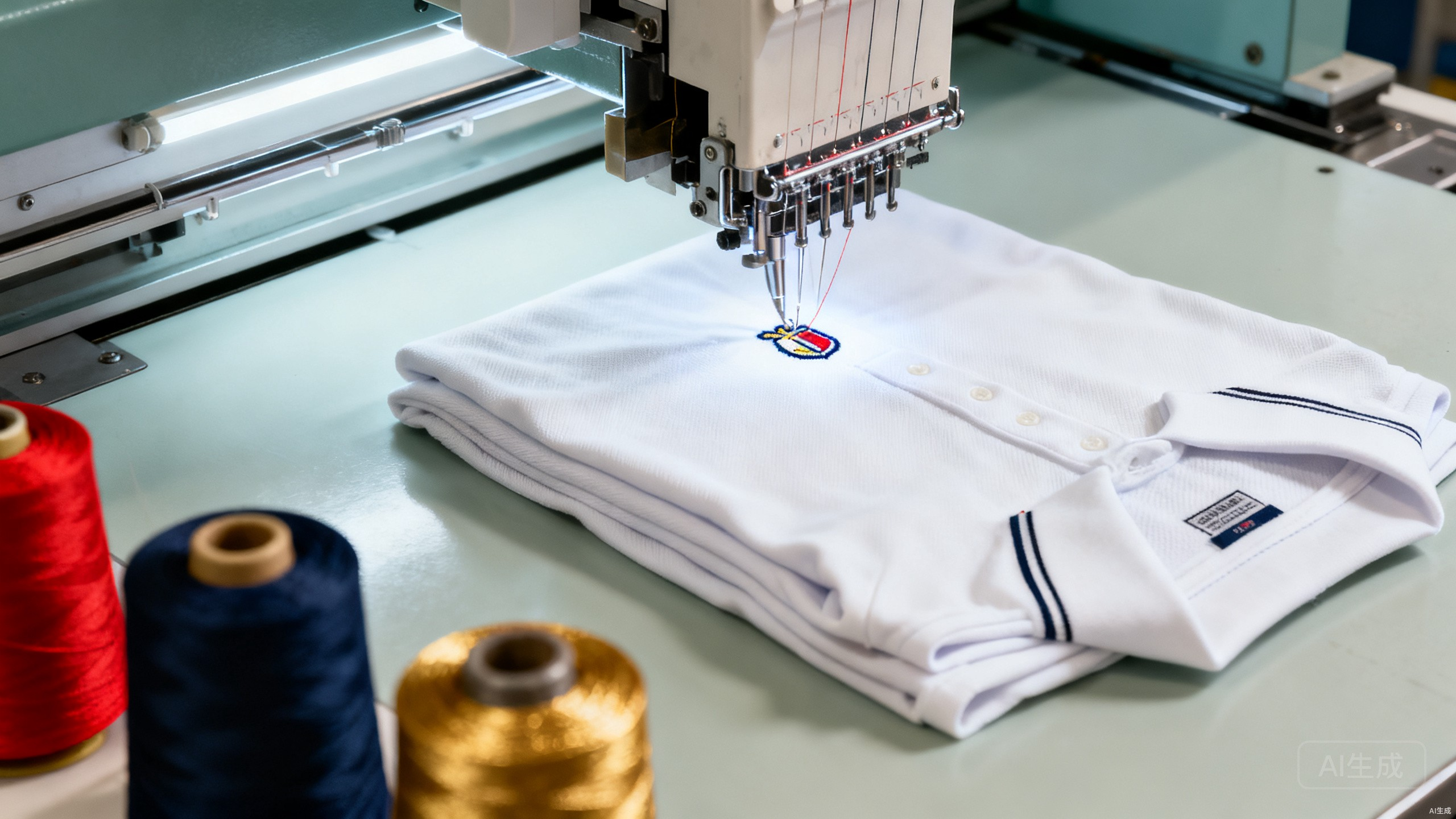 Embroidery machine stitching a logo onto a folded pique polo