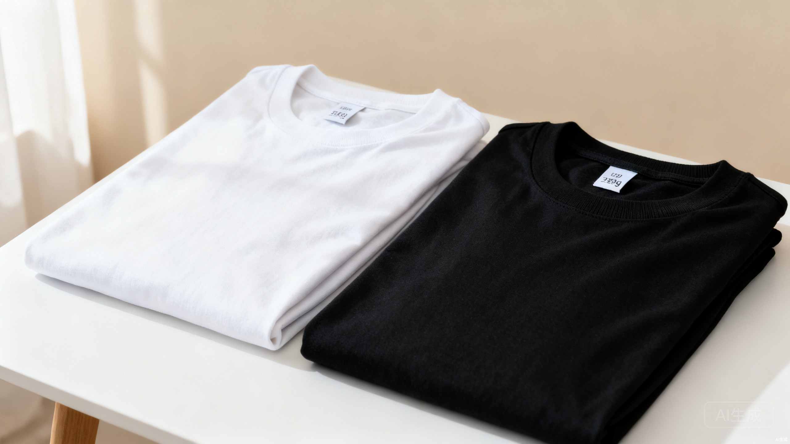 Lightweight and heavyweight cotton tees side by side on a white table with GSM tags