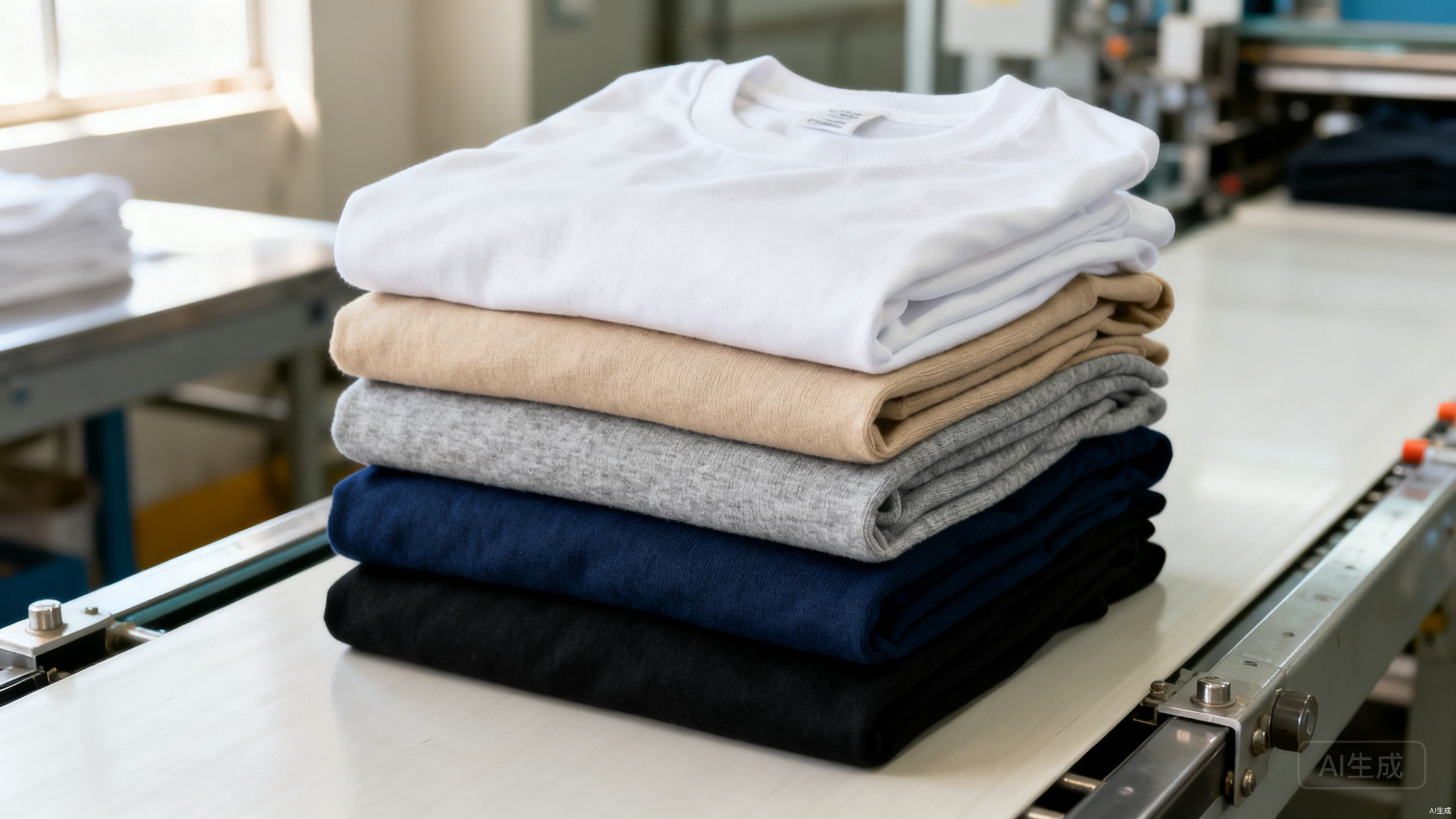 Stack of heavyweight cotton tees on a factory inspection table
