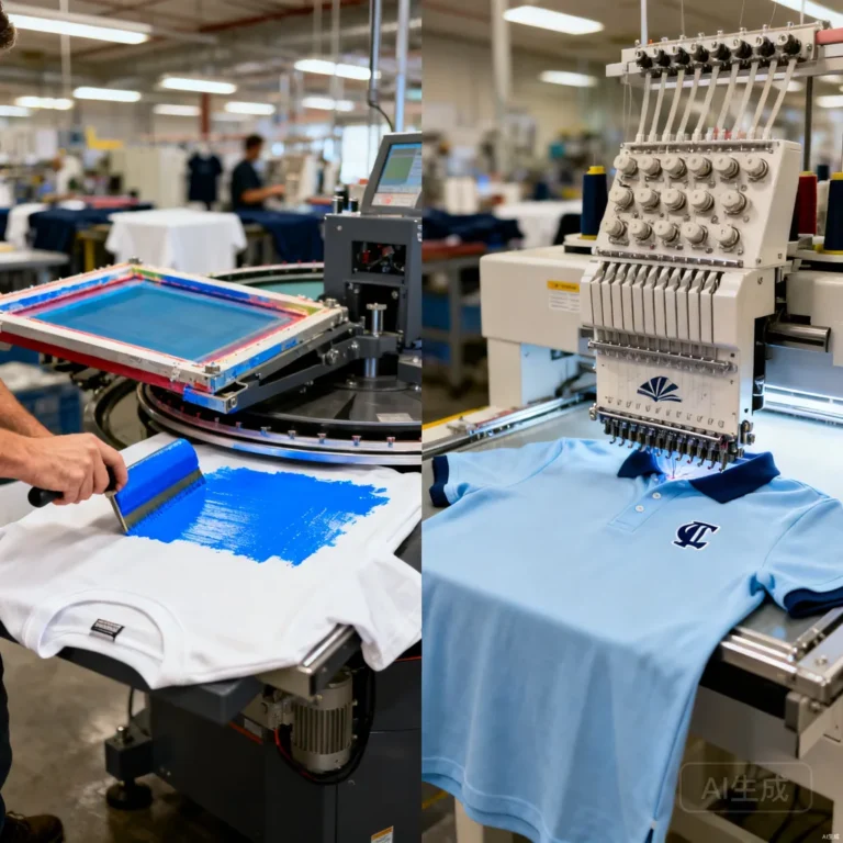 Screen printing press and multi-head embroidery machine running side by side inside a custom apparel decoration factory