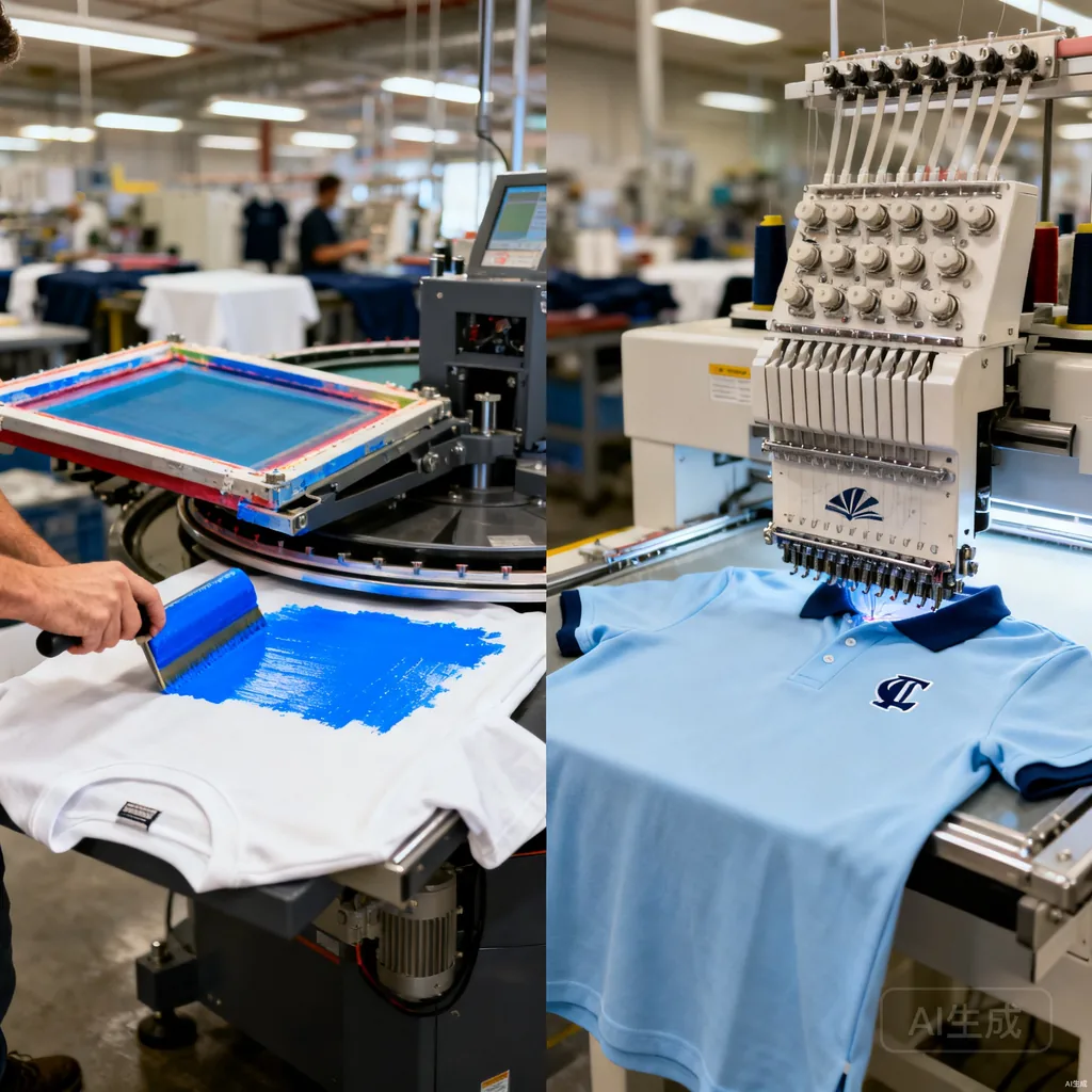 Screen printing press and multi-head embroidery machine running side by side inside a custom apparel decoration factory