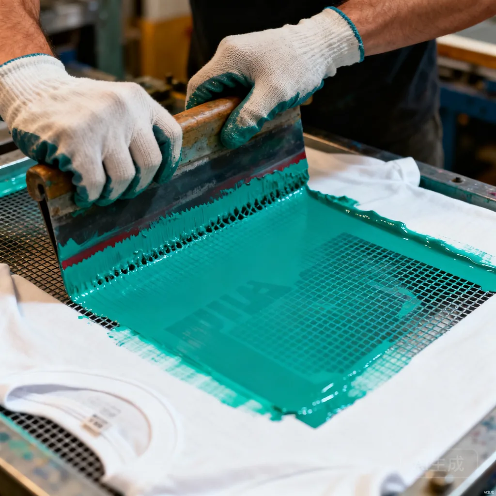 Squeegee pulling teal ink across a fine mesh screen onto a white t-shirt in screen printing