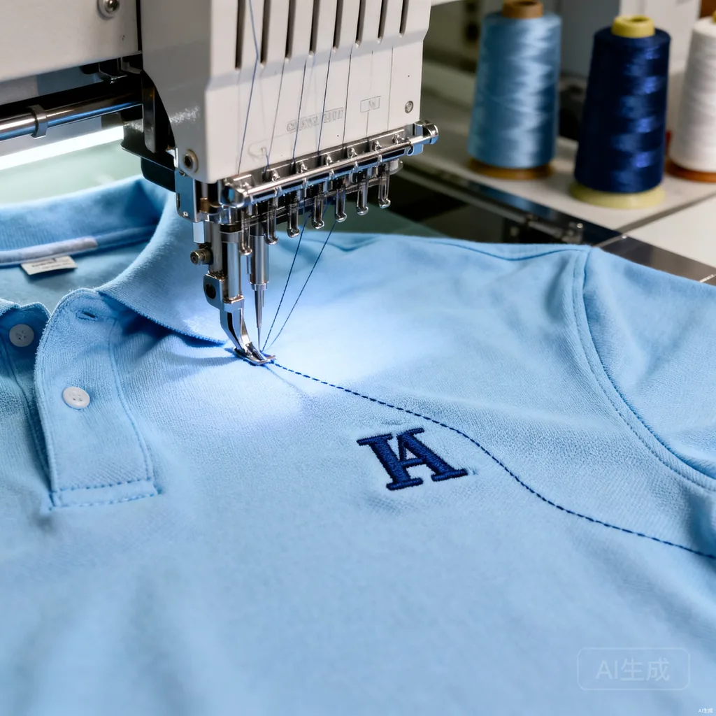 Multi-needle embroidery machine stitching a navy company logo onto a light blue pique polo shirt