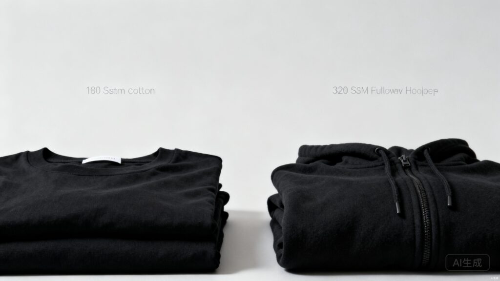 Side-by-side comparison of custom printed t-shirts and custom embroidered hoodies for brand merchandise on a clean white background