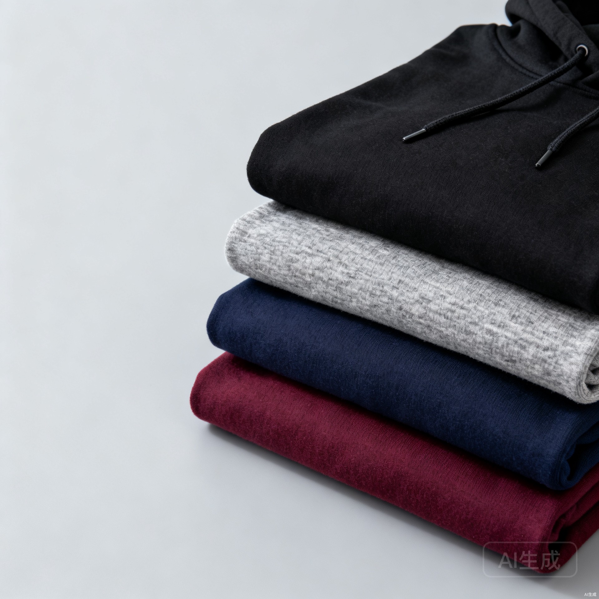 Folded stack of heavyweight custom hoodies with embroidered logos in multiple colors ready for bulk shipping
