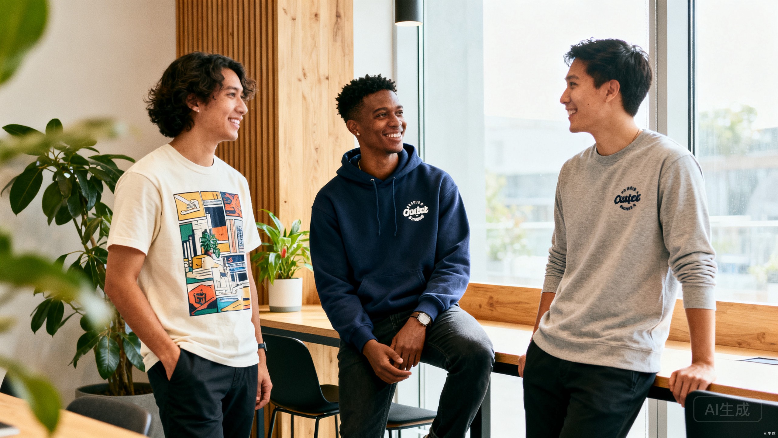 Lifestyle photograph of a small brand team wearing matching custom t-shirts and hoodies at a product launch event
