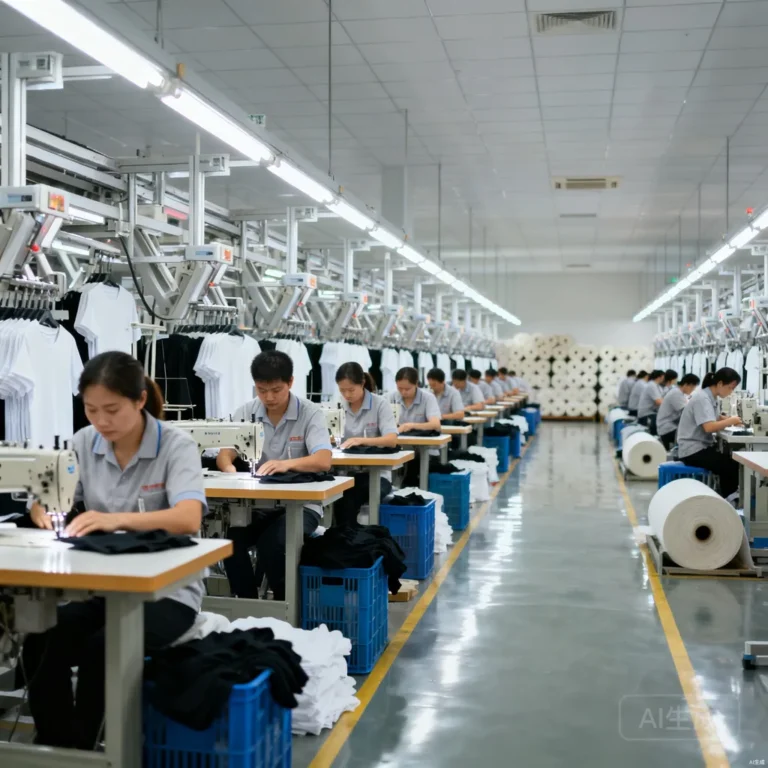 Modern Chinese apparel factory floor with rows of sewing machines producing t-shirts