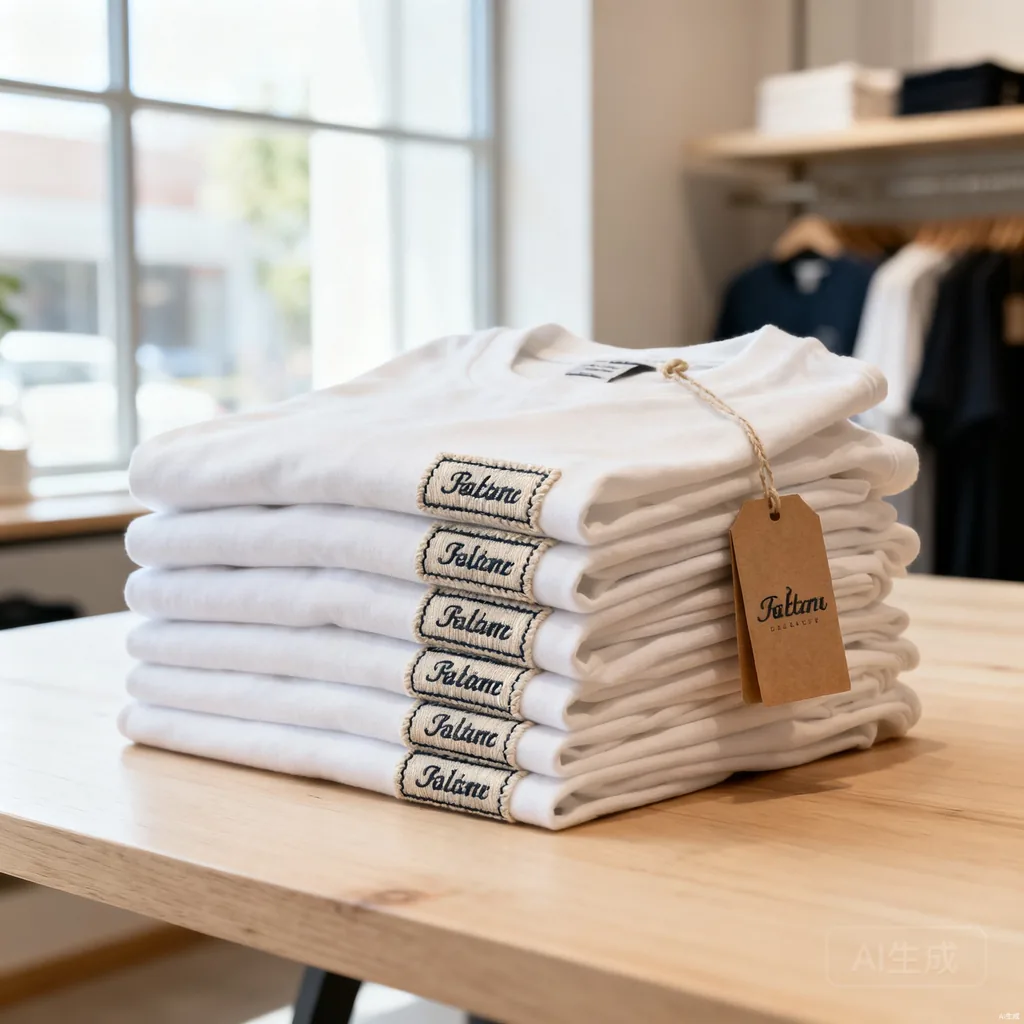 Stack of folded private label t-shirts with custom woven brand labels and hang tags