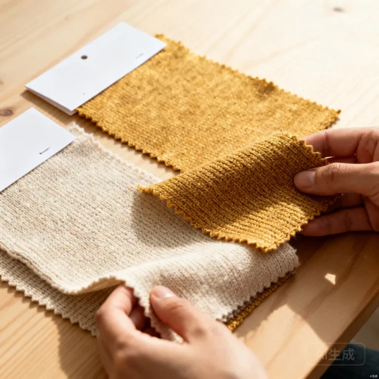 Hands comparing cotton knit fabric swatches of different weights and textures