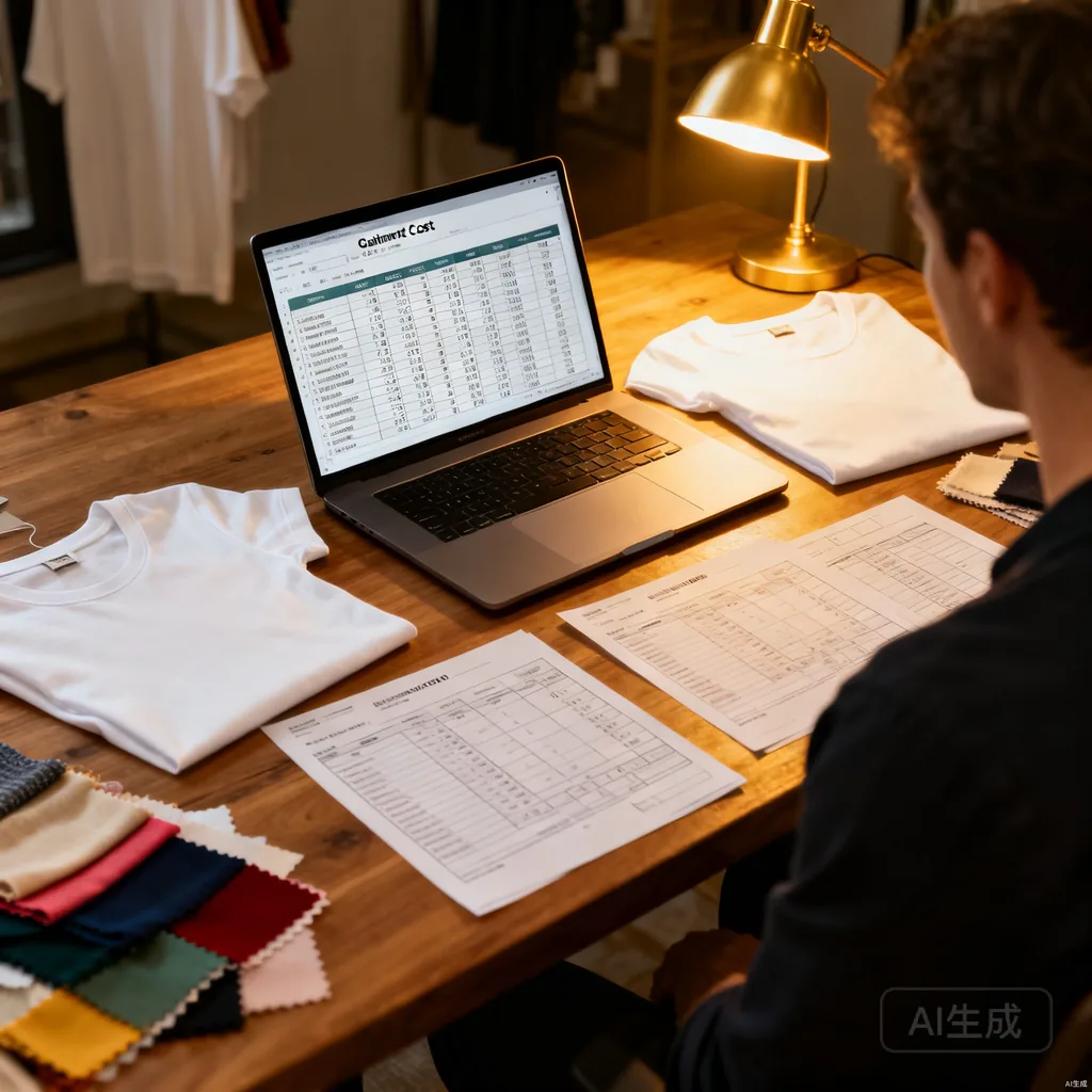 Garment costing spreadsheet on a laptop with t-shirt samples and fabric swatches