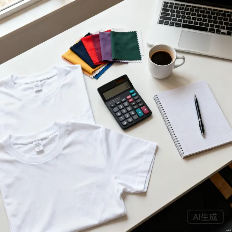 Clothing brand startup budget planning with t-shirt samples, fabric swatches, calculator and notebook on a desk