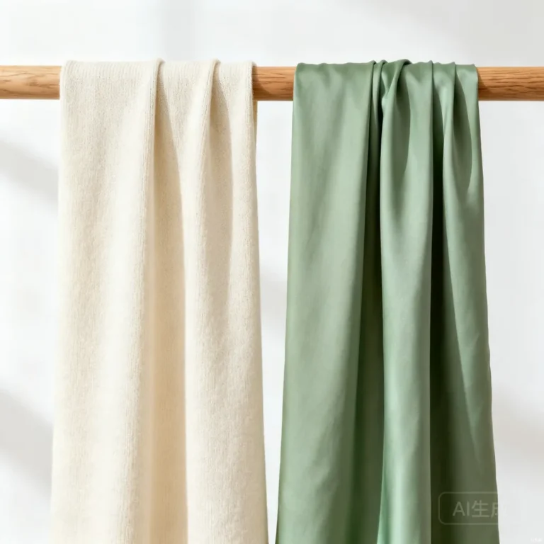 Two draped fabric swatches, natural cream cotton and smooth sage lyocell, elegantly compared