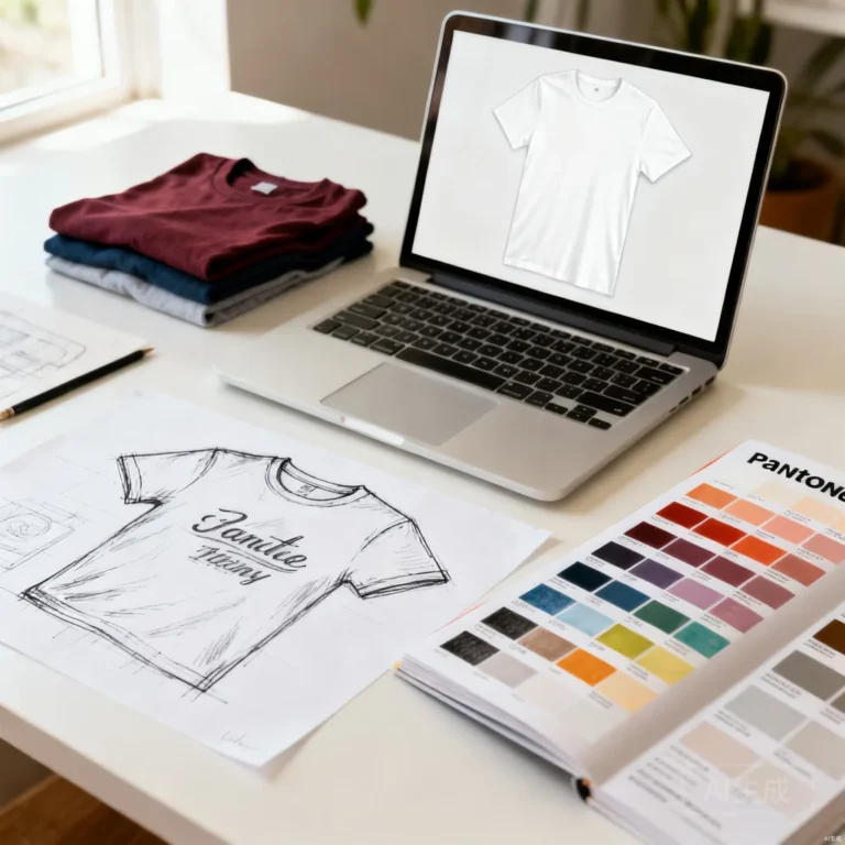 Designer planning a t-shirt brand with sketches, color swatches and laptop mockups