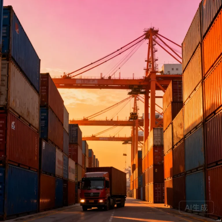 Stacked shipping containers and cargo truck at a Chinese port at golden hour