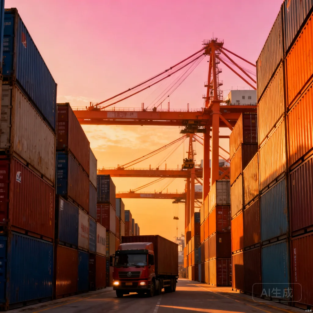 Stacked shipping containers and cargo truck at a Chinese port at golden hour