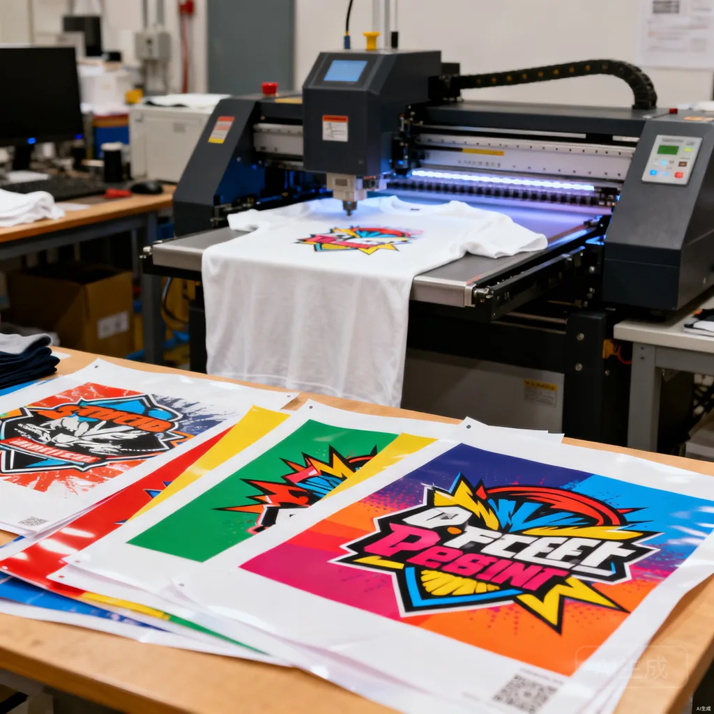 DTF transfer film sheets beside a DTG printer printing on a t-shirt