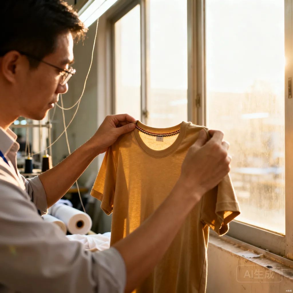 Buyer inspecting t-shirt quality during a factory visit in China