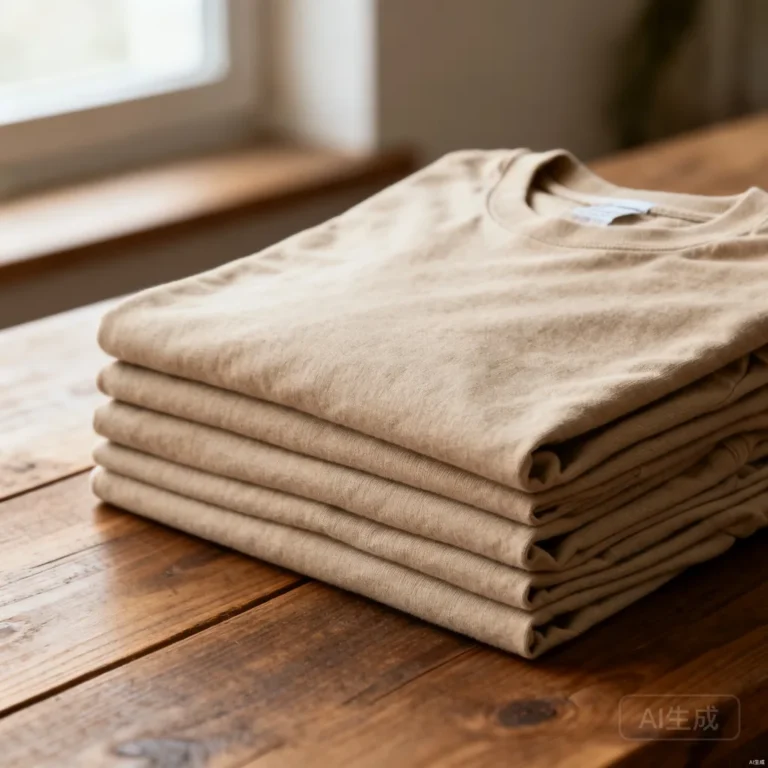Stack of heavyweight blank t-shirts in earth tones showing thick dense fabric