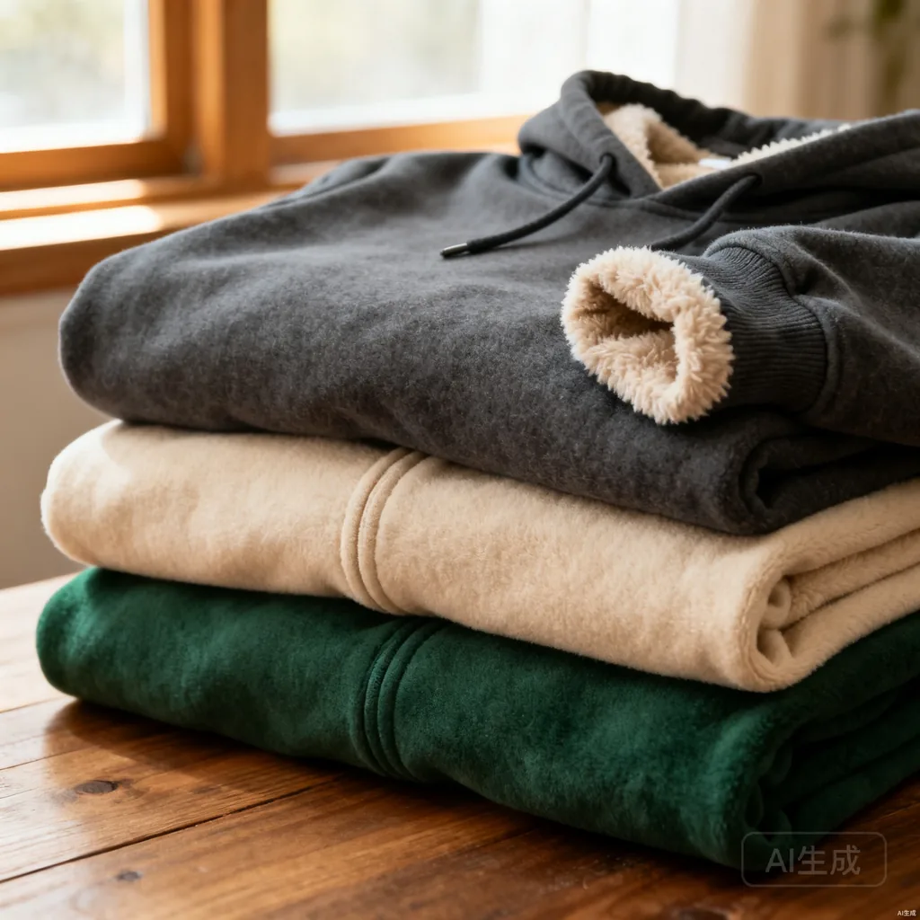Stack of fleece hoodies in neutral colors with thick plush fabric texture
