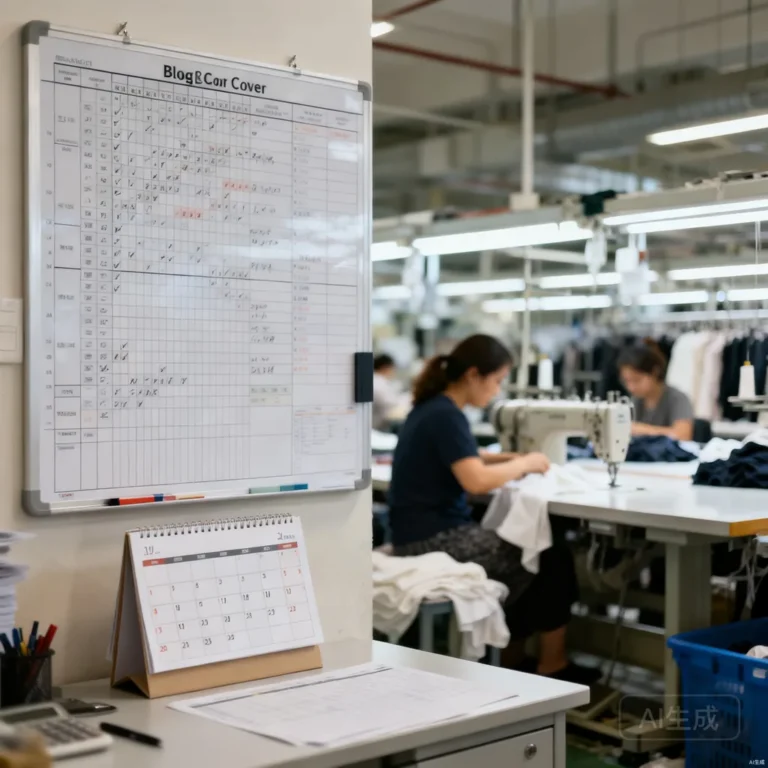 Production planning board and calendar beside a garment sewing line