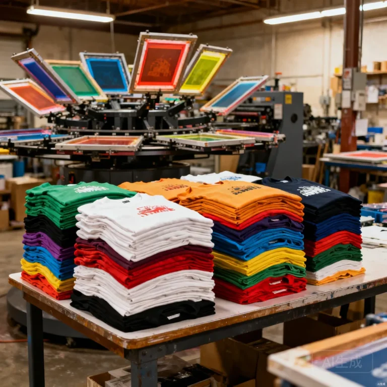 Stacks of freshly screen printed t-shirts in a print shop with carousel press in background