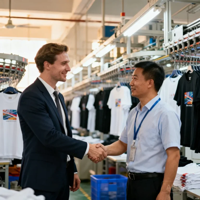 Apparel buyer and factory manager shaking hands inside a garment factory