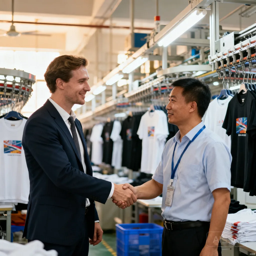 Apparel buyer and factory manager shaking hands inside a garment factory