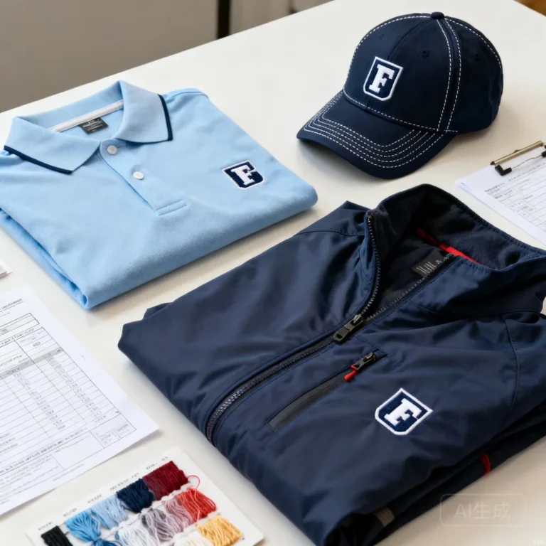 Custom logo embroidered polo shirts and caps arranged with order forms and color swatches