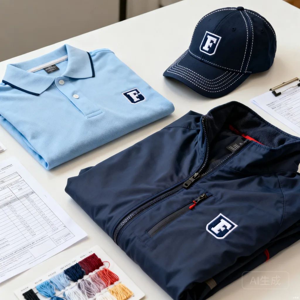 Custom logo embroidered polo shirts and caps arranged with order forms and color swatches