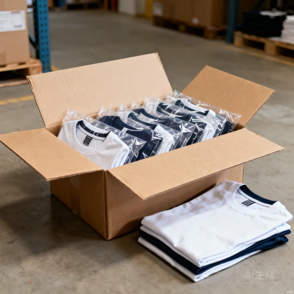 Small batch order of custom t-shirts packed in poly bags inside a carton box