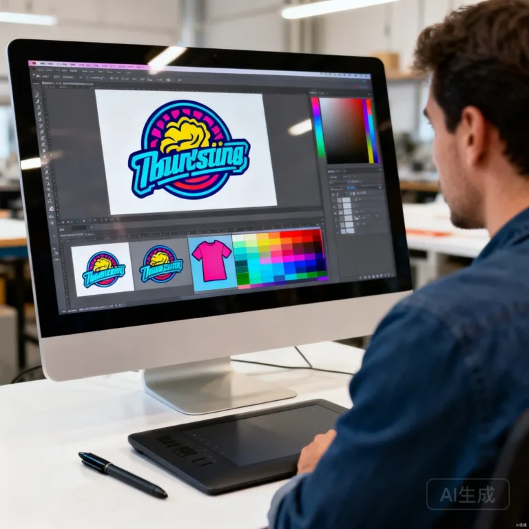 Graphic designer preparing vector logo artwork for t-shirt printing on a large monitor