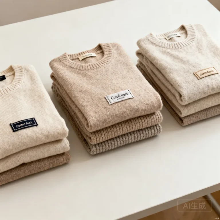 Three stacks of folded garments with different custom labels compared side by side