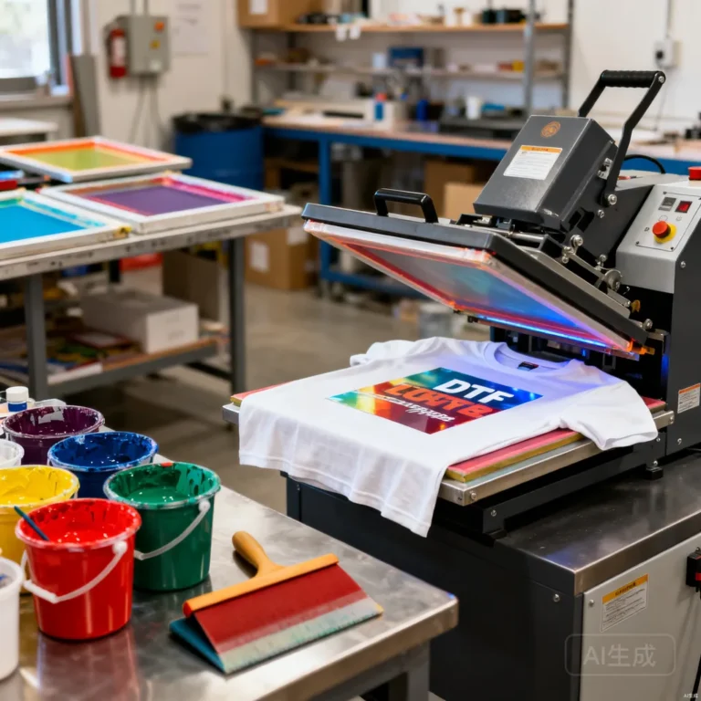 Screen printing station beside a heat press applying a DTF transfer on a t-shirt
