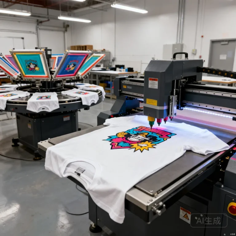 Screen printing carousel and direct-to-garment DTG printer working side by side in a workshop